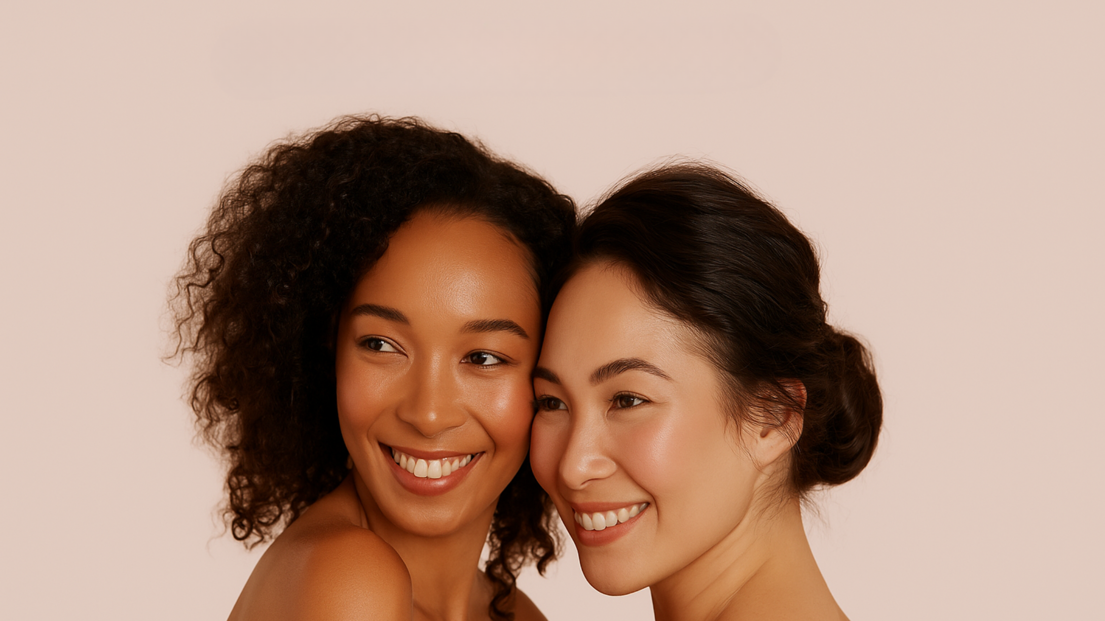 Two women with smiling faces against a beige background